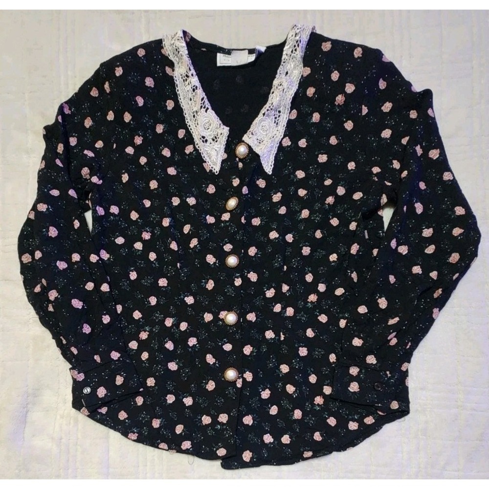 Maggie Lawrence Long Sleeve Floral‎ Blouse Small Lace Collar Shirt Vintage 80s
